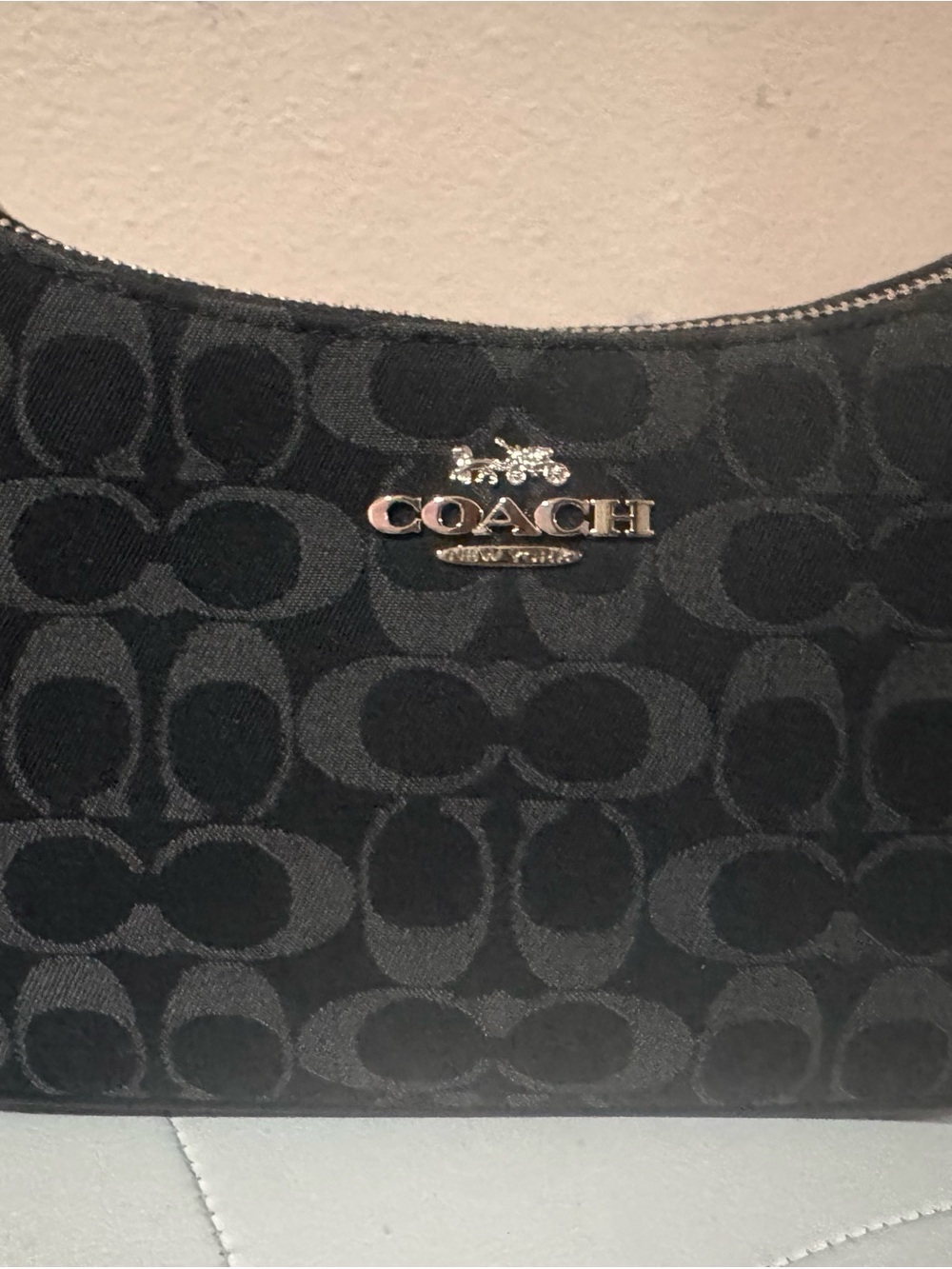Coach Black Signature Jacquard Shoulder Bag with Silver Logo